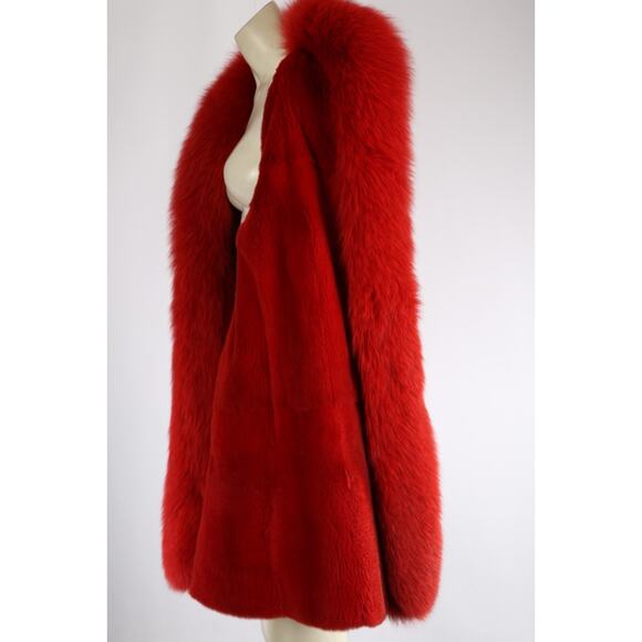 Vintage Red Leather Reversible Coat Fox Fur Collar Size M Luxury Retro Winter - Picture 15 of 16